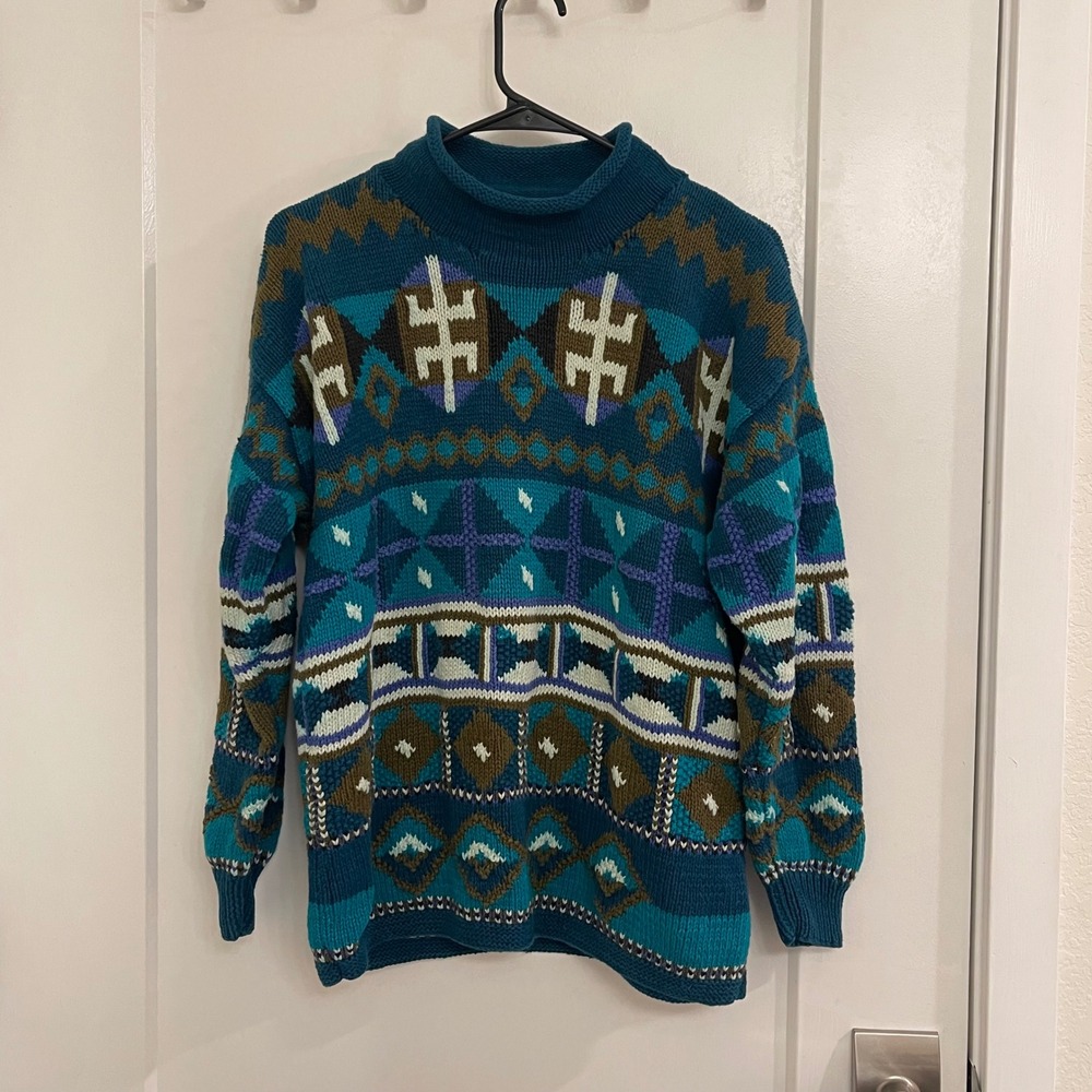 Vintage‎ 90s Segret Knit Turtleneck Chunky Sweater Holiday Fall Geometric Aztec